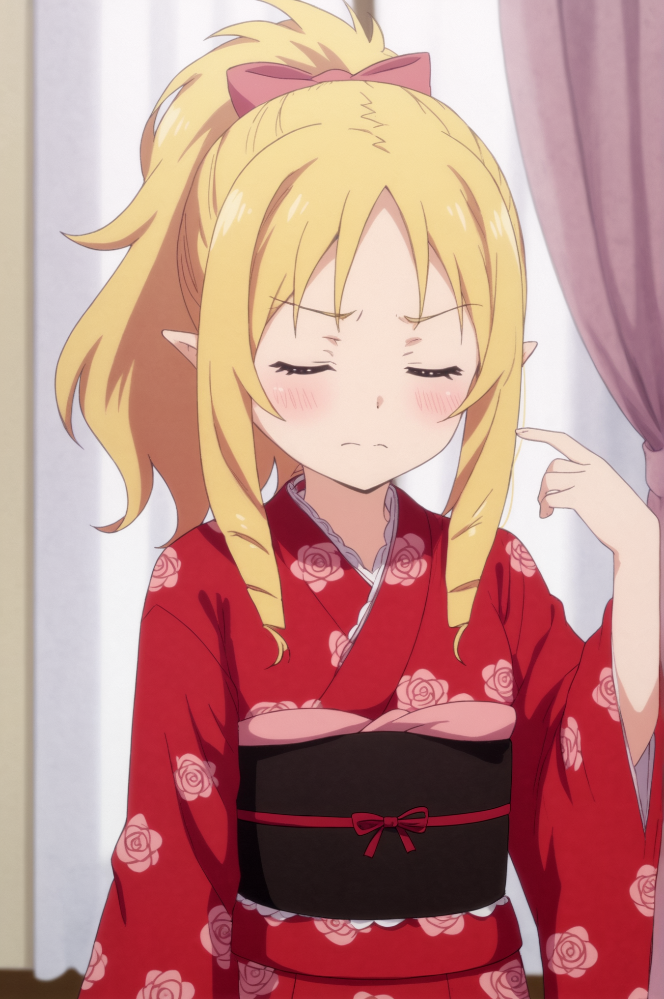<lora:Elf_Yamada:0.7>, Elf Yamada, 1girl, solo, blush, bow, closed_mouth, upper_body, closed_eyes, japanese_clothes, indoors, wide_sleeves, kimono, red_bow, arm_up, v-shaped_eyebrows, sash, floral_print, obi, pink_bow, curtains, red_kimono <lora:sdxl_lightning_4step_lora:1>