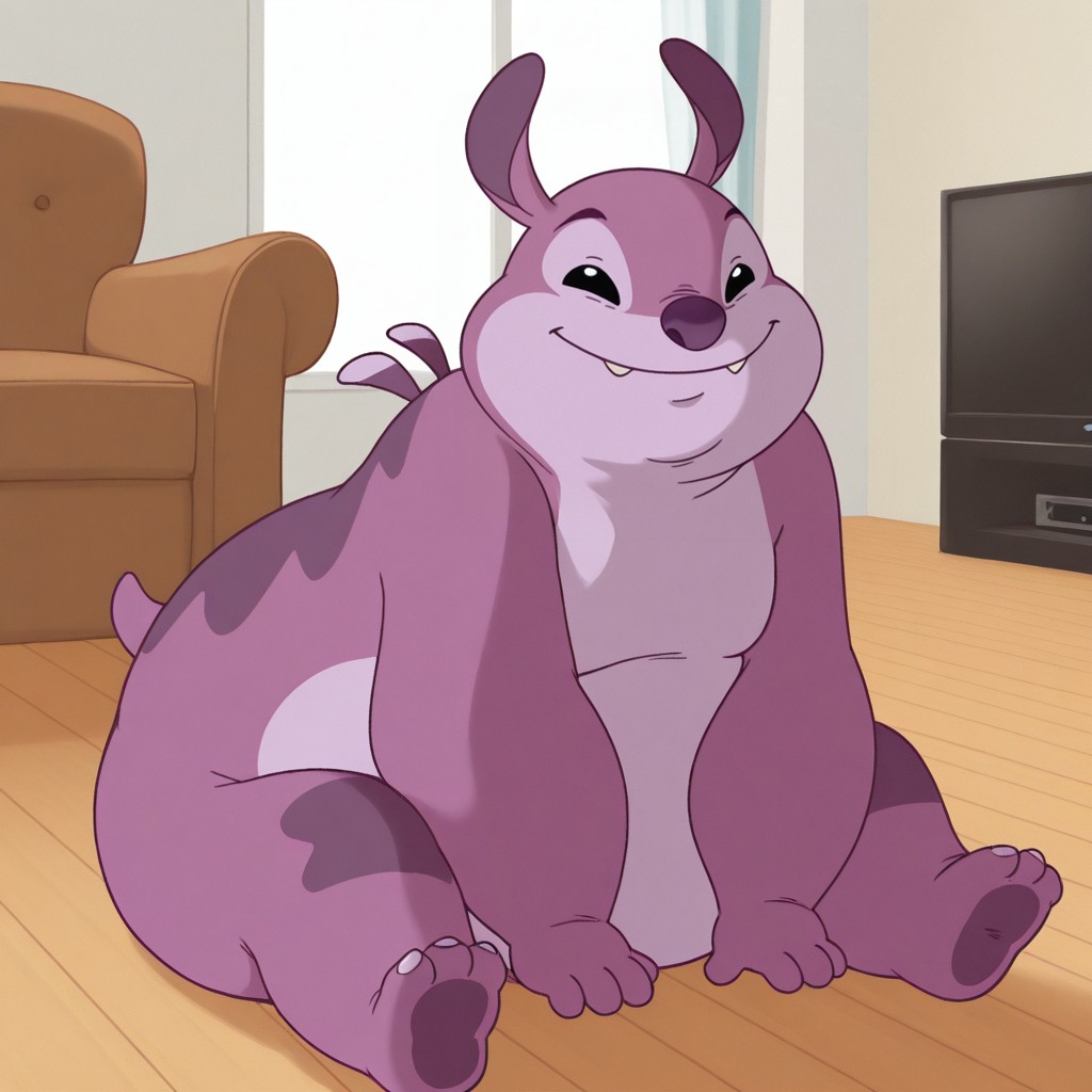 masterpiece, best quality, amazing quality, official artstyle, c4nn0nb411, male, furry male, solo, purple body, two-tone skin, black eyes, purple nose, short ears, sharp teeth, spines on back, 3 toes, short tail, paw pads, fat, on floor, sitting down, smile, looking at viewer, indoors, living room, high angle