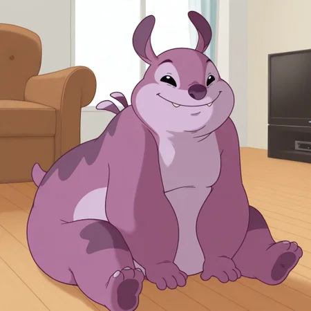 masterpiece, best quality, amazing quality, official artstyle, c4nn0nb411, male, furry male, solo, purple body, two-tone skin, black eyes, purple nose, short ears, sharp teeth, spines on back, 3 toes, short tail, paw pads, fat, on floor, sitting down, smile, looking at viewer, indoors, living room, high angle