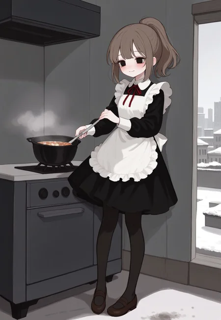 solo, detailed, ethereal, intricate details, vibrant colors, soft lines, soft brush strokes, dreamy, 


[murky, snow, city, panel buildings], 

inside, dirty room, grey walls, kitchen, soup


soft smile, blush, cooking, 

1girl, black solid eyes, brown hair, ponytail, long black dress, long black sleeves, white collar, red neck_ribbon, white frills, white apron, [black pantyhose, brown shoes,],

masterpiece, best quality, very aesthetic, absurdres, newest, 

(masterpiece), best quality,  

masterpiece,best quality,amazing quality, detailed, 
