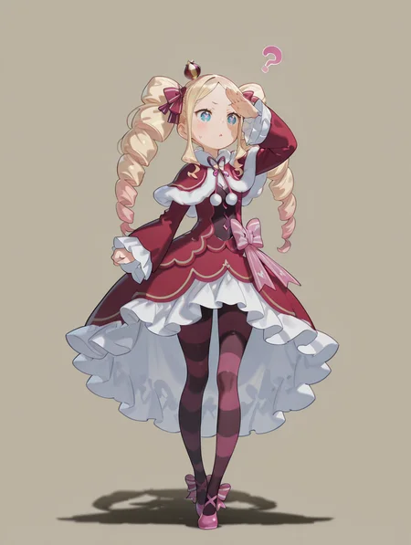 perfect quality,high quality,masterpiece,best quality,amazing quality,very aesthetic,absurdres,Cinematic Lighting,newest,Tactical use of shadow,
front view,full_shot,Confused expression,
BeatriceCYQL,1girl,solo,blonde hair,drill hair,long hair,twintails,twin drills,sidelocks,ribbon,hair ribbon,blue eyes,symbol-shaped pupils,crown,mini crown,dress,capelet,red capelet,fur-trimmed capelet,fur trim,pantyhose,striped pantyhose,striped,long sleeves,frills,frilled sleeves,red dress,frilled dress,shoes,pink footwear,bow,wide sleeves,
full body,standing,shading_eyes,,
rosybrown  background,simple background,
<lora:USNR STYLE_XL_loha:0.2>,usnr,<lora:suzukasuraimuILL:0.5>,<lora:illustrious_all_rated_v1:0.8>,<lora:Artist_style_Rella_-_Illustrious-XL_r1:0.2>,<lora:reij-rt:1>,suzukasuraimu,rella,<lora:CUTE2712_Illustrious by Cyql:1>,CUTE2712,<lora:BeatriceCYQL:1>,