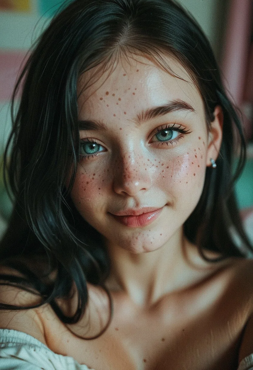 score_9, score_8_up, score_7_up, score_6_up, solo, 1girl, looking at viewer, lips, close-up, realistic, freckles, portrait, slight smile, makeup, black hair, tattoo on face, emo girl, egirl
