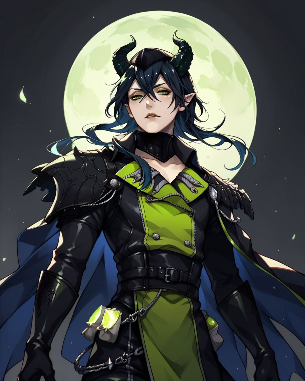 <lora:Malleus DraconiaPDXL_v1:1>1boy, Malleus DraconiaPDXL, gloves, solo, black gloves, belt, looking at viewer, Dormitory uniform, dark background, dark green, green moon,, <lora:princess_xl_v2:0.8><lora:g0th1cPXL:0.3> g0th1cpxl<lora:Expressive_H:0.8> ExpressiveH<lora:NAI Smooth Boys Style SDXL_LoRA_20r_20e_8i_nr32_a16_Pony Diffusion V6 XL:0.8> score_9, score_8_up, score_7_up,