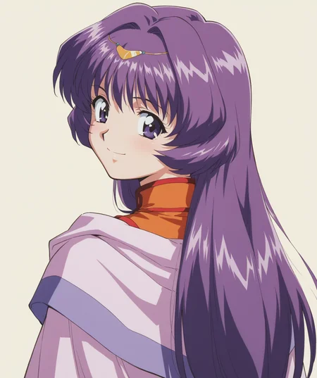 masterpiece, best quality, amazing quality, very aesthetic, ultra detail, clear line, solo, <lora:little_niece_v01:0.8>, little niece, purple eyes, long hair, dark purple hair, hair ornament, orange dress, sleeveless dress, cloak, smile, looking back, upper body, from behind, simple background, <lora:LECO_BadHands:1.2>, <lora:LECO_GoodHands:-1.2>