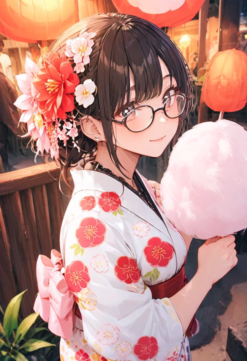 masterpiece, best quality, very aesthetic, absurdres,
cotton candy, 1girl, solo, glasses, black hair, holding, holding food, food, skewer, yukata, floral print, hair flower, braid, night, summer, paper lantern, 
 <lora:wataame_SDXL_V1:1>