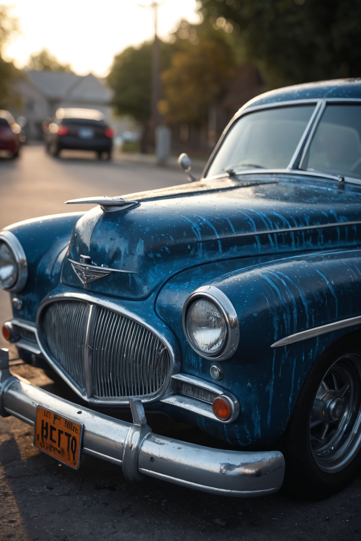 score_9, score_8_up, score_7_up, score_6_up, 
portrait, masterpiece, 4k, ray tracing, intricate details, highly detailed,
A vintage car with blue paint, rugged body, electric motor, neon-lit rims, custom taillights, wood trim, custom exhaust,  parked in a polluted industrial area, with smog lingering above, toxic waste barrels scattered, and a sense of neglect and decay
cinematic light, dramatic light, shallow depth of field, vignette, highly detailed, high budget, bokeh, cinemascope, film grain, grainy