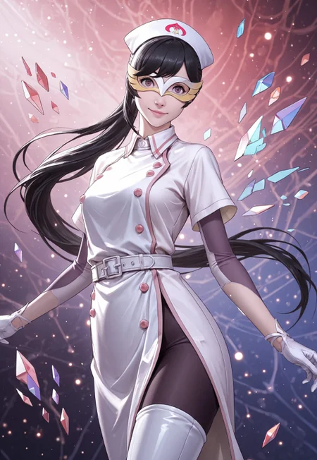 1girl, solo, m4r1an, black hair, long hair, ponytail, nurse cap, white uniform, belt, gloves, side slit, black pantyhose, thigh boots, mask, windblown clothes, floating hair, Expressiveh, looking at viewer, head slightly tilted, friendly expression, cute smile, cheek dimples, detailed face, detailed clothes, detailed body, standing, fashion pose,
cowboy shot, subject focus, dynamic angle, abstract background, detailed background, floating fragments, surreal,
front particles, light particles, motion, limited palette, monochromatic colors, color accents,
masterpiece, 16k, 8k, 4k, high quality, best quality, absurdres, bokeh, depth of field, quantum entanglement,
