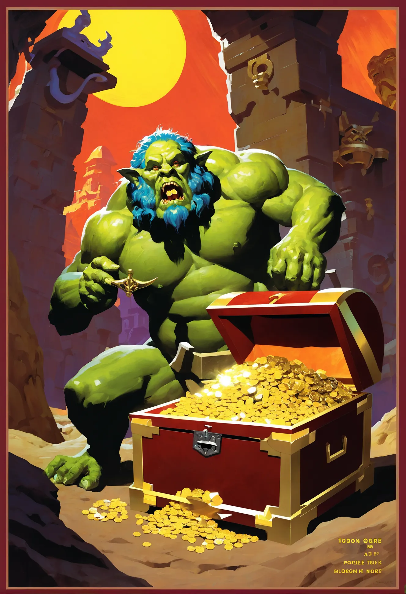 pulp fantasy art, treasure chest full of gold,ogre,gorgon, <lora:EnvyPulpFantasyXL01:1:1:lbw=ALL>