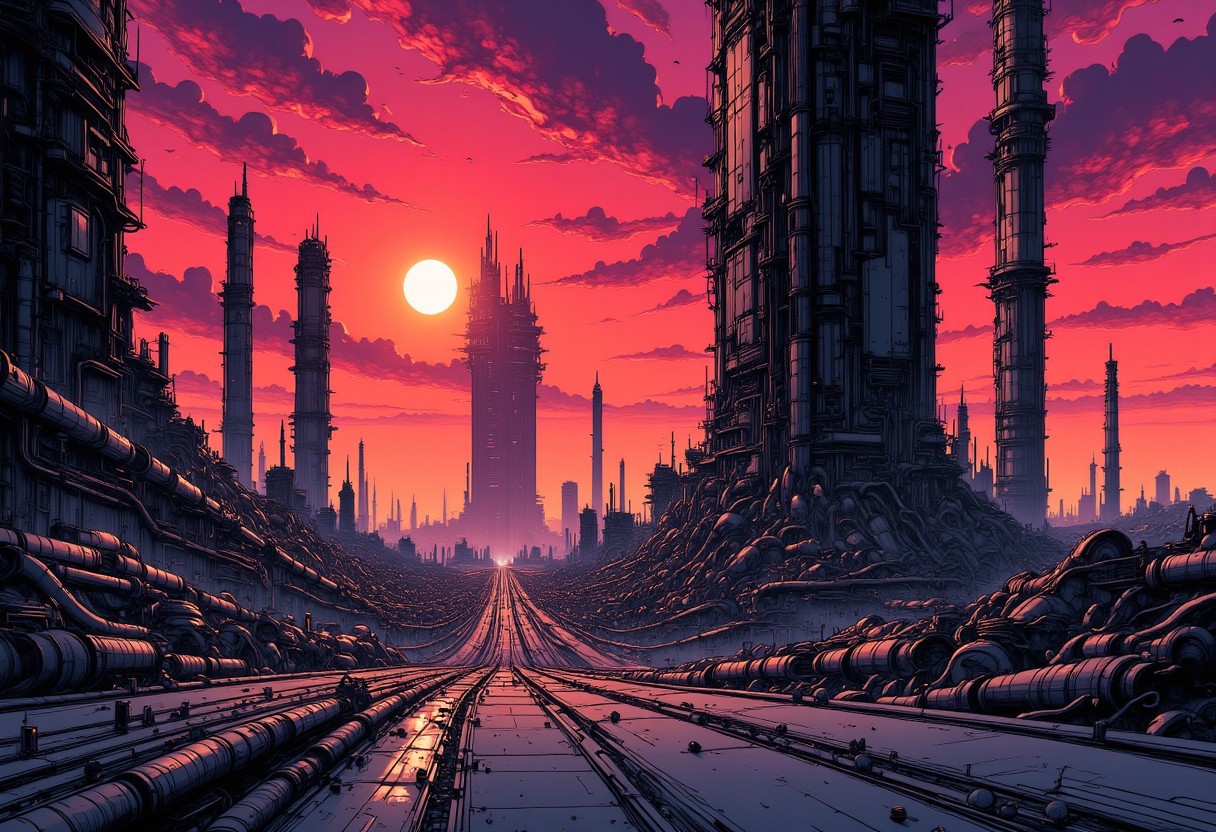 nistyle, monochrome Manga Sketch, Landscape Image, bizarre otherworldly technological advanced galactic civilization, giant towering Industrial structures darkens the sun, Long shadows, hyperdetailed manga sketch style, with bleached vibrant colorful neon color Highlights, grey, and white color grading.