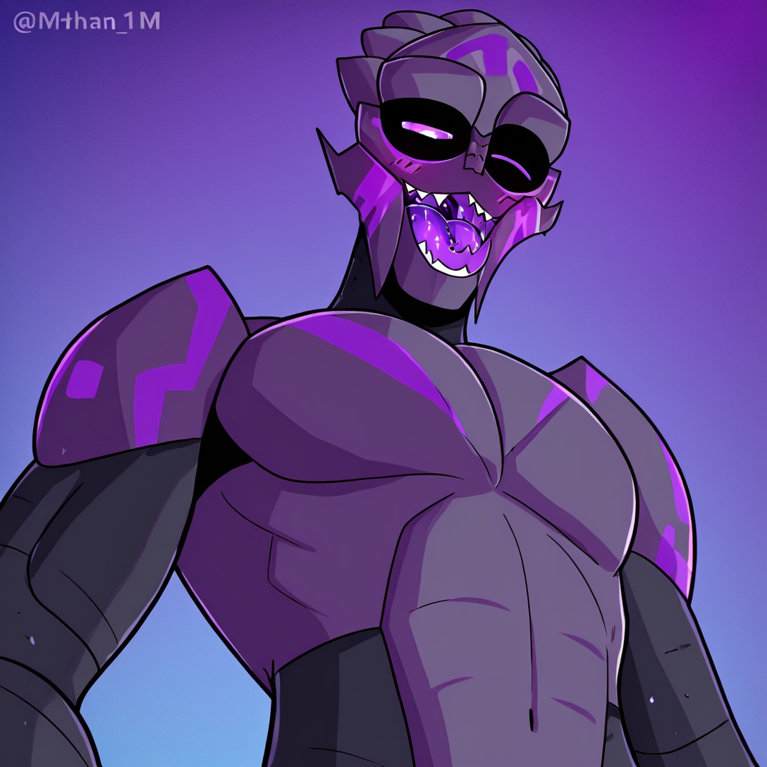 <lora:Turian:1> turian, solo, 1boy, purple skin, upper body, masterpiece, no nipples, view from below, purple tongue, one eye closed,  <lora:iLLMythAn1m3Style:1> mythan1m3