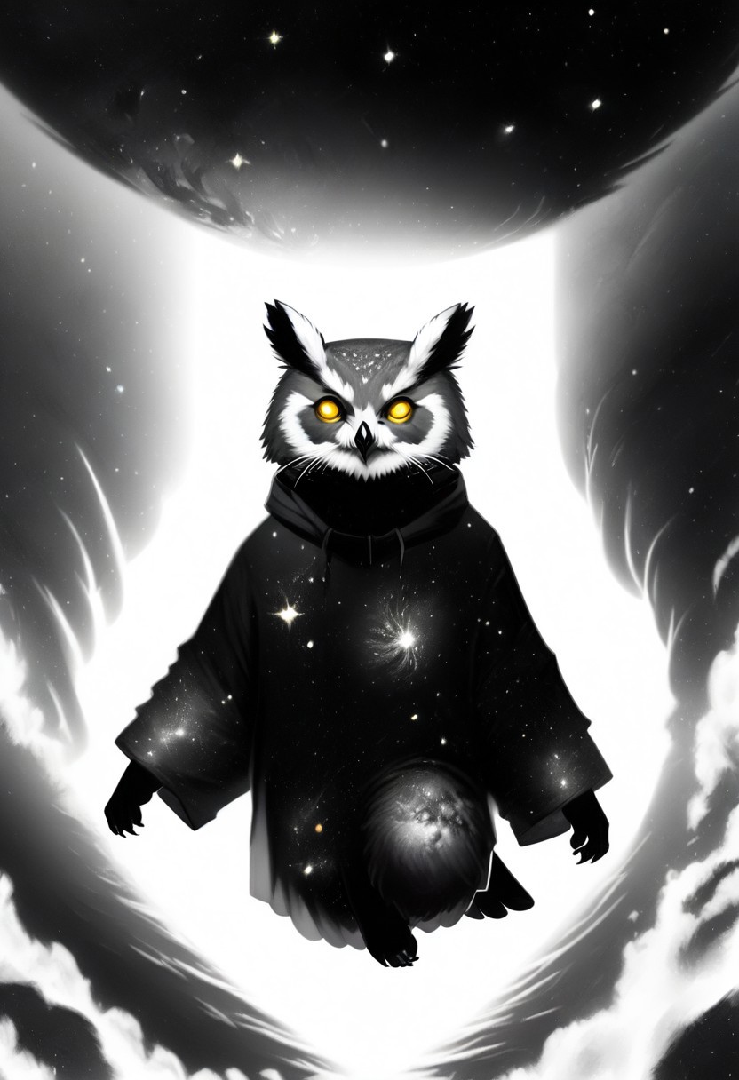 Score_9, Score_8_up, Score_7_up, lora:Navi_Celestial_Skin_PonyXL:1.1 nv-celestialskin, redpandafolk, rabbitfolk, owlfolk, foxfolk, sketch, monochrome, greyscale, YR_GradLight, 0u73r5p4c3, space, planet, nebula, galaxy, asteroid, GalaxyTelepurteSDXL, StarrySkies, scenery, stars (sky), background, night sky, vibrant colored skin, void cosmic body, deep black skin, ethereal silhouette, nebula patterns, animal theme focus, majestic owl