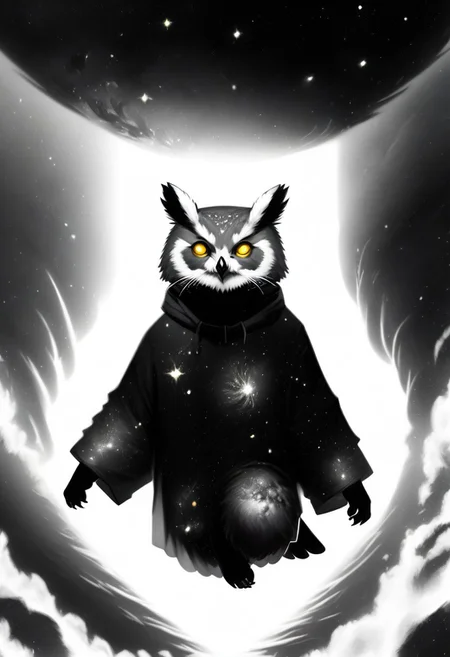 Score_9, Score_8_up, Score_7_up, lora:Navi_Celestial_Skin_PonyXL:1.1 nv-celestialskin, redpandafolk, rabbitfolk, owlfolk, foxfolk, sketch, monochrome, greyscale, YR_GradLight, 0u73r5p4c3, space, planet, nebula, galaxy, asteroid, GalaxyTelepurteSDXL, StarrySkies, scenery, stars (sky), background, night sky, vibrant colored skin, void cosmic body, deep black skin, ethereal silhouette, nebula patterns, animal theme focus, majestic owl