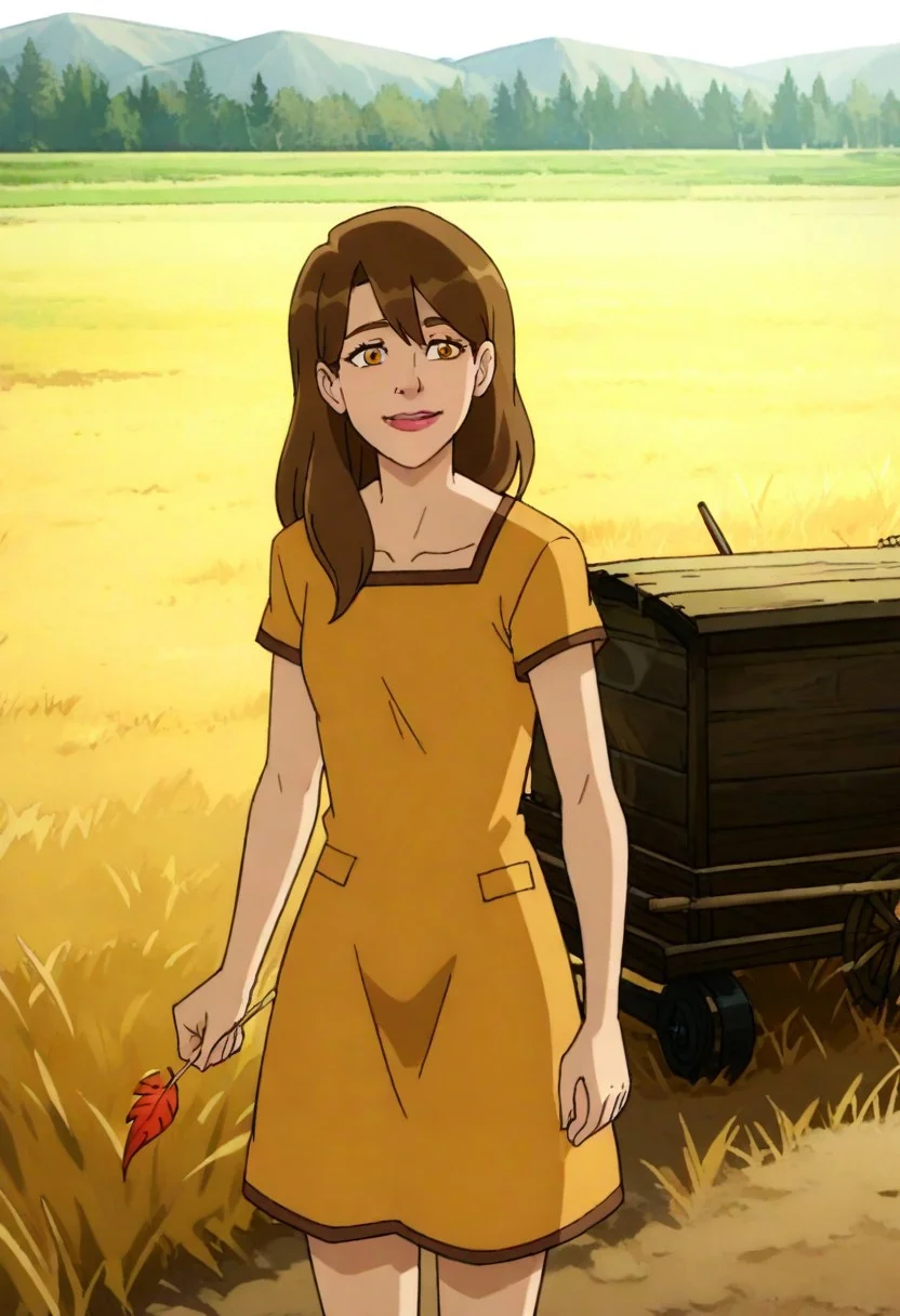 A charming rural illustration showcasing a bright and lively countryside scene. . To the left  stands a young girl, depicted with medium-length, wavy brown hair, wearing a simple orange dress. She holds a stick with a red leaf attached, interacting playfully with the grass. Her facial expression is cheerful, reflecting a sense of joy and connection with the animals.
The background is characterized by rolling fields of golden rice paddies on the right and neatly stacked straw bundles on the left, signifying the harvest season. A wooden cart laden with hay is positioned slightly off-center on the dirt path, adding to the rustic atmosphere. Beyond, a small cluster of white farmhouses sits at the base of forested hills, with green and autumnal trees blending harmoniously.