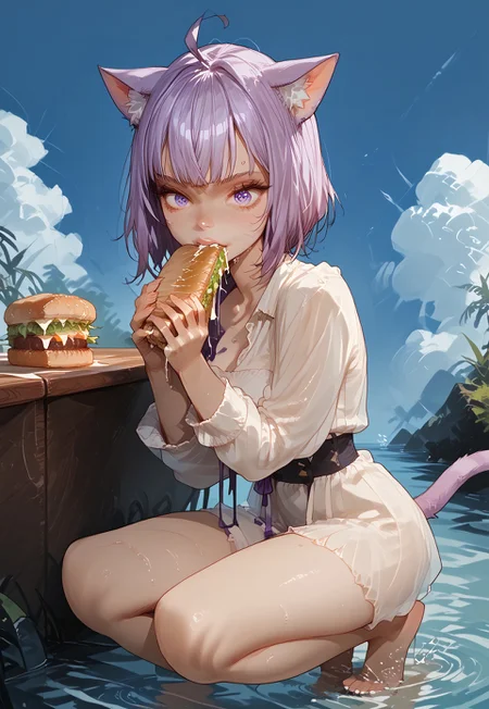 score_9, score_8_up, score_7_up, c3l3st3n01r, CelesteNoir, source_anime, zPDXL3, 1girl, solo, ((wide-eyed, wide eyes, hungry eyes:1.0), open mouth bite, eating a sandwich, sandwich in mouth, hololive), okayuBase, short hair, purple eyes, purple hair, cat ears, cat tail, ahoge, skindentation, one foot up, barefoot, smooth image, cute, petite, slim, skinny, slender, soft lights, leaning on one knee, soft shadows, shiny skin, thin waist, Expressiveh, side view, (dripping wet, crystal clear water, partially submerged:1.1), cat paw flag in background, pirate ship with cat paw flag in background, tropical island,