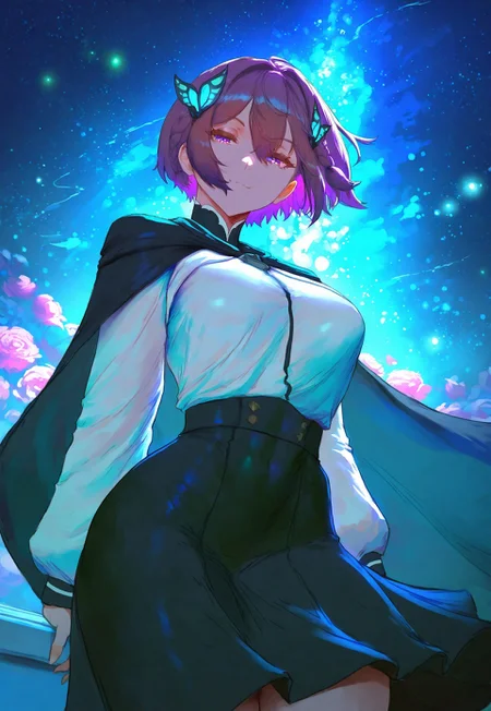 masterpiece, best quality, newest, absurdres, highres, Cutesexyrobutts, ((finely detailed beautiful eyes: 1.2)), (extremely detailed CG unity 8k wallpaper, masterpiece, best quality, ultra-detailed, best shadow), (detailed background), (beautiful detailed face, beautiful detailed eyes), High contrast, (best illumination, an extremely delicate and beautiful), ((extreme detailed)), vivid color, shiny, light particle, colorful, (intricate detailed), ambient light, beautiful lighting,dynamic angle, ultra-detailed, illustration, straight on,1girl, Metera, purple eyes, short hair, pink rose hair, braid, light smile,white shirt, black skirt, black cape, sort sleeves, hair ornament,(sparkling skyscrapers:1), (night:1.2), dreamy, soul, (fluorescence), (firefly:1.15), stars