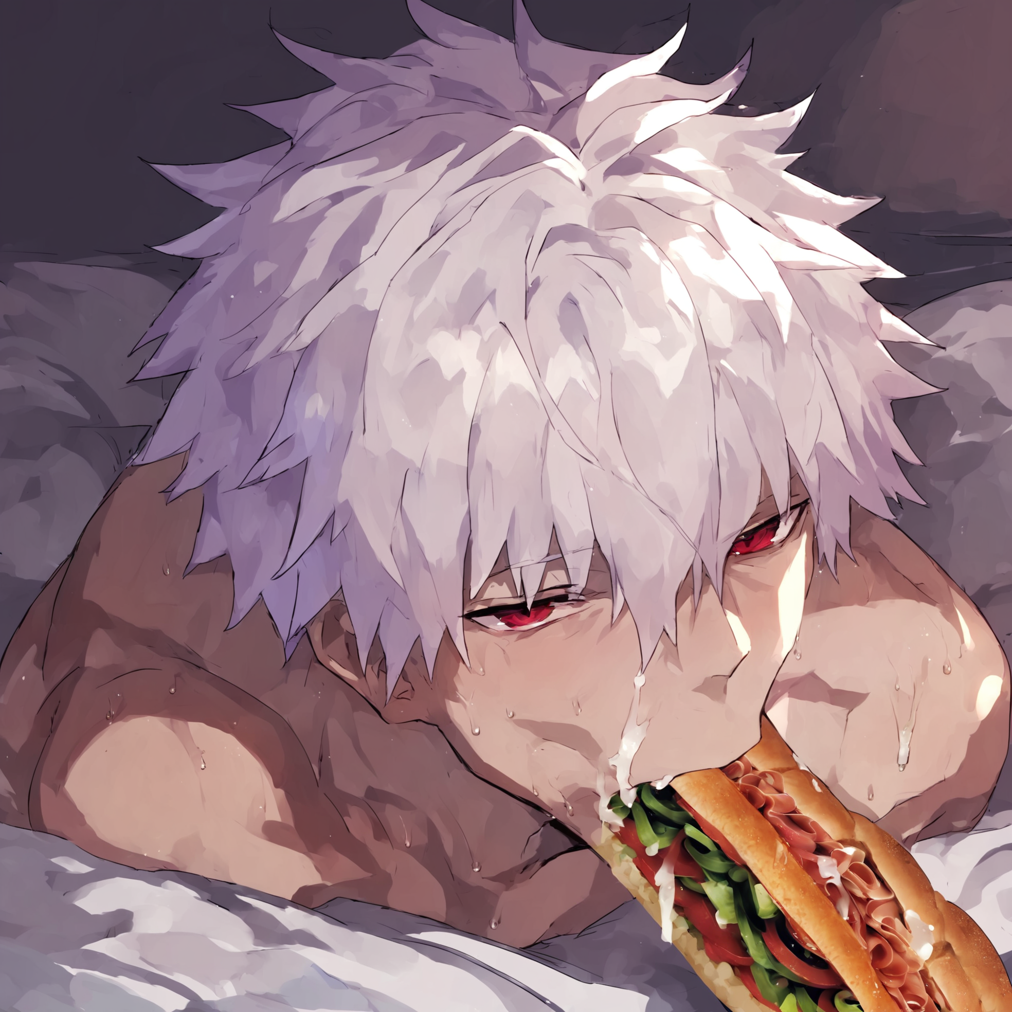 score_9, score_8_up, score_7_up, score_6_up, score_5_up, score_4_up, hassan_of_serenity_(fate), fate_(series), purple_hair, purple_eyes performing fellatio on altera_(fate), fate_(series), red_eyes, white_hair  sandwich, eatfresh, freshcock, cum on body, full body, sweat, feral, bed, pillows, comfy, bedroom eyes, sturdy, bedroom, skilled, <lora:EatfreshPDXL:1>