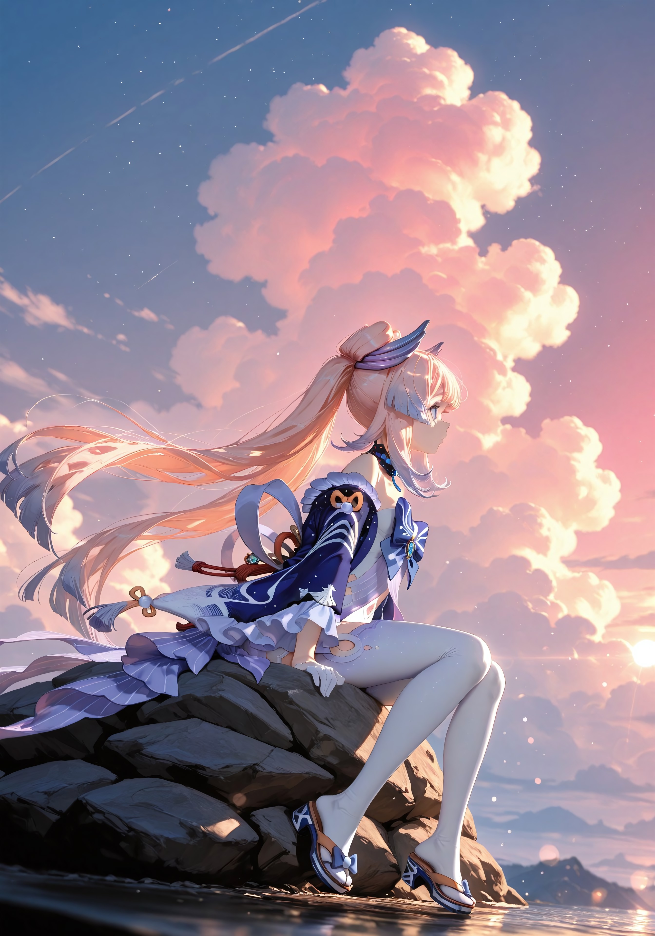 ((sitting on a rock:1.4))

((1 girl,Sangonomiya Kokomi genshin impact:1.5))

(Ocean:1.5),(blue hue,sunset,pink sky,clouds,stars:1.5)

(dynamic pose,dynamic angle:1.3)),(background Bokeh, background blur:1.2)

Smooth_Quality,amazing quality, ((aesthetic:1.3)),((4k,8k,Ultra HD)),((Masterpiece :1.2)),((Best quality :1.2)),((Detailed :1.5)),((Detailed background :1.5))