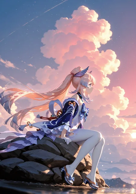 ((sitting on a rock:1.4))

((1 girl,Sangonomiya Kokomi genshin impact:1.5))

(Ocean:1.5),(blue hue,sunset,pink sky,clouds,stars:1.5)

(dynamic pose,dynamic angle:1.3)),(background Bokeh, background blur:1.2)

Smooth_Quality,amazing quality, ((aesthetic:1.3)),((4k,8k,Ultra HD)),((Masterpiece :1.2)),((Best quality :1.2)),((Detailed :1.5)),((Detailed background :1.5))
