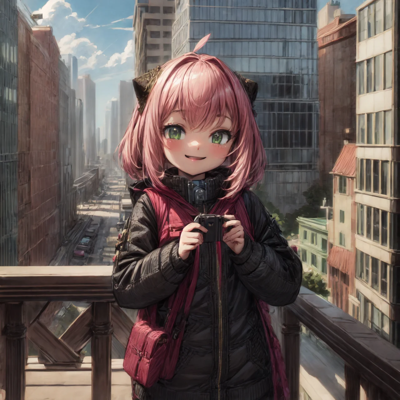 anya \(spy x family\), <lora:anya_forger_spyxfamily:1>, cute, wholesome, smile, city, high quality, highres, masterpiece, best quality, 8k, intricate, detailed, <lora:add_detail:0.6>, very detailed, <lora:more_details:0.6>, <lora:JuggerCineXL2:0.6>, <lora:NsfwPovAllInOneLoraSdxl:0.5>, <lora:Smooth Anime 2 Style SDXL_LoRA_Pony Diffusion V6 XL:0.6>