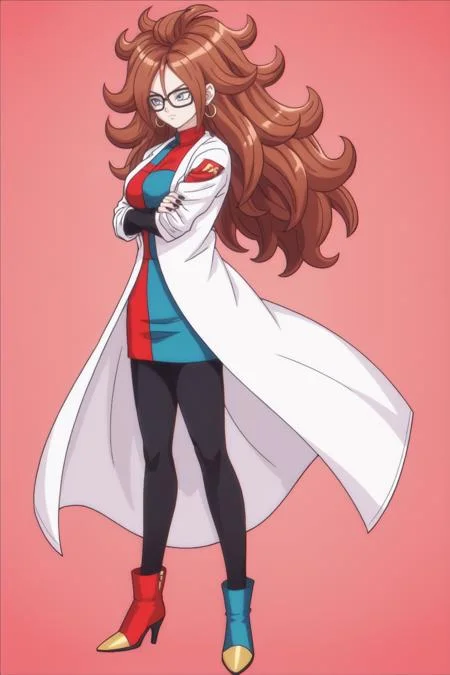 source_anime, score_9, score_8_up, score_7_up, anime screencap,
android 21, human, 1girl, solo, long hair, breasts, looking at viewer, blue eyes, brown hair, thighhighs, a21 dress, jewelry, medium breasts, closed mouth, standing, full body, black pantyhose, red hair, a21 boots, detached sleeves, glasses, high heels, sleeveless dress, crossed arms, from side, black nails, red background, black-framed eyewear, curly hair, hoop earrings, labcoat, checkered clothes, logo print, v-shaped eyebrows, pointing, floating clothes, red theme,
<lora:android21_pony_v1:0.8>