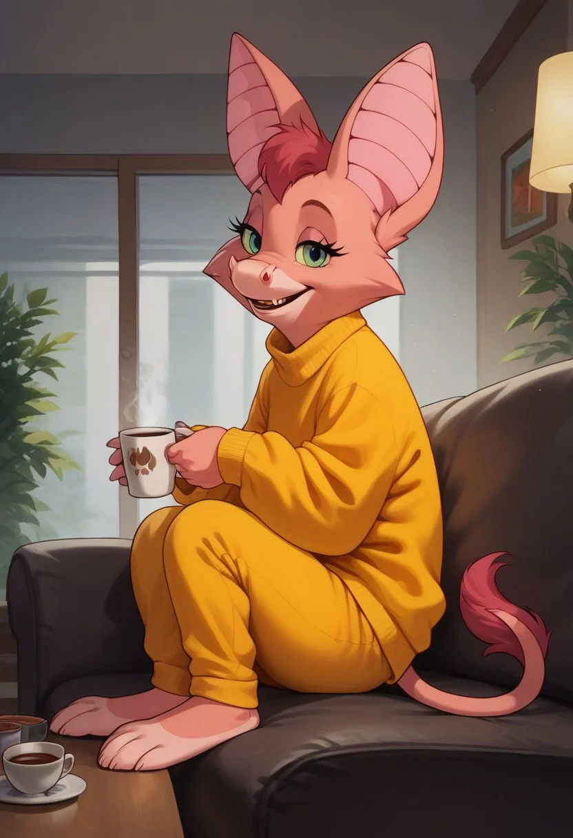 score_9, score_8_up, score_7_up, score_6_up, score_5_up, score_4_up, detaied background, indoors, appartments.
Foxglove bat, anthro, furry, bat, bat ears, small bat tail, bat girl, anthro bat, one tail, feral bat feet, yellow sweater, warm pants, solo, smile, looking at viewer, (rich house living room:1,4), indoors
3/4 Side view, looking at viewer, sitting on sofa edge, cup of Coffee in hands