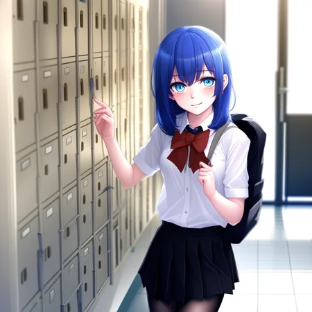 great quality,absurdres,1girl,solo, blue hair,long hair,almic,xingzhi lv,ogipote,akakura,(very aesthetic,highres),(sincos,mattaku mousuke:0.7),getabako, upper body,blue skirt,white shirt,red bow,hand on locker, looking at viewer,smile,holding School bag,blue eyes,one side up, feet out of frame,black pantyhose,