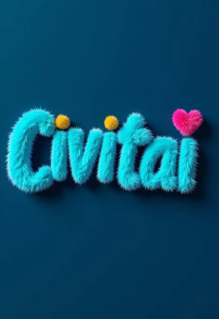 furrytext the word "CIVITAI" and a heart emoji, with bright turqoise letters coated in bright turquoise furr on dark blue background.