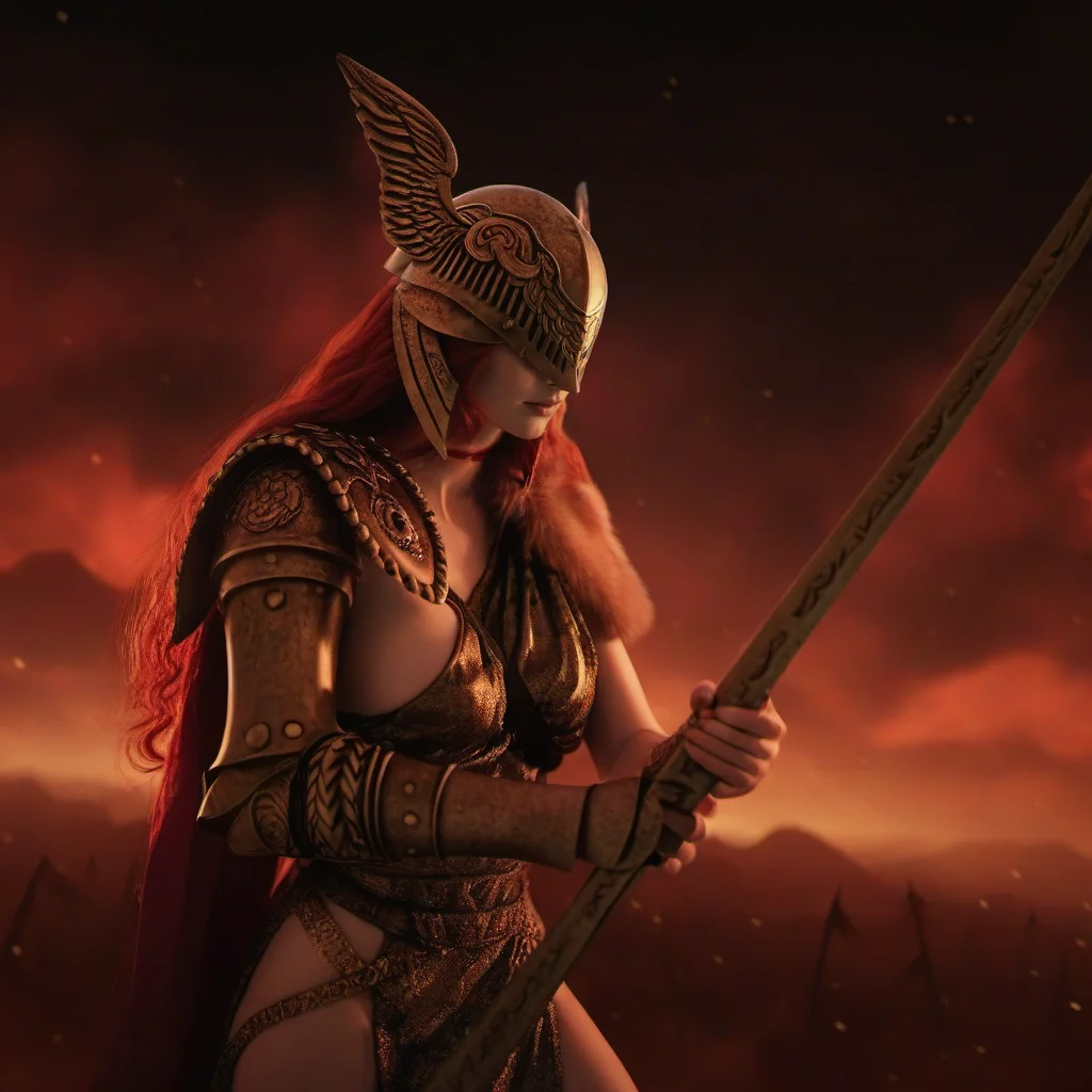 cinematic photo a woman with red hair, winged helmet, sword <lora:Malenia1024:0.8> . 35mm photograph, film, bokeh, professional, 4k, highly detailed