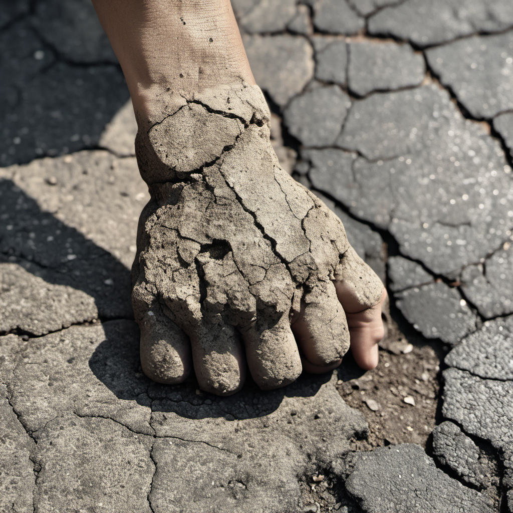 barnum-sepia cinematic photo hand in fist sculpture, cracked asphalt texture, weathered, dark,  wet, cracks, simple background
 <lora:asphalt-SDXL-m:0.7> <lora:treebark-SDXL-s-exp:0.7> , evening . 35mm photograph, film, bokeh, professional, 4k, highly detailed