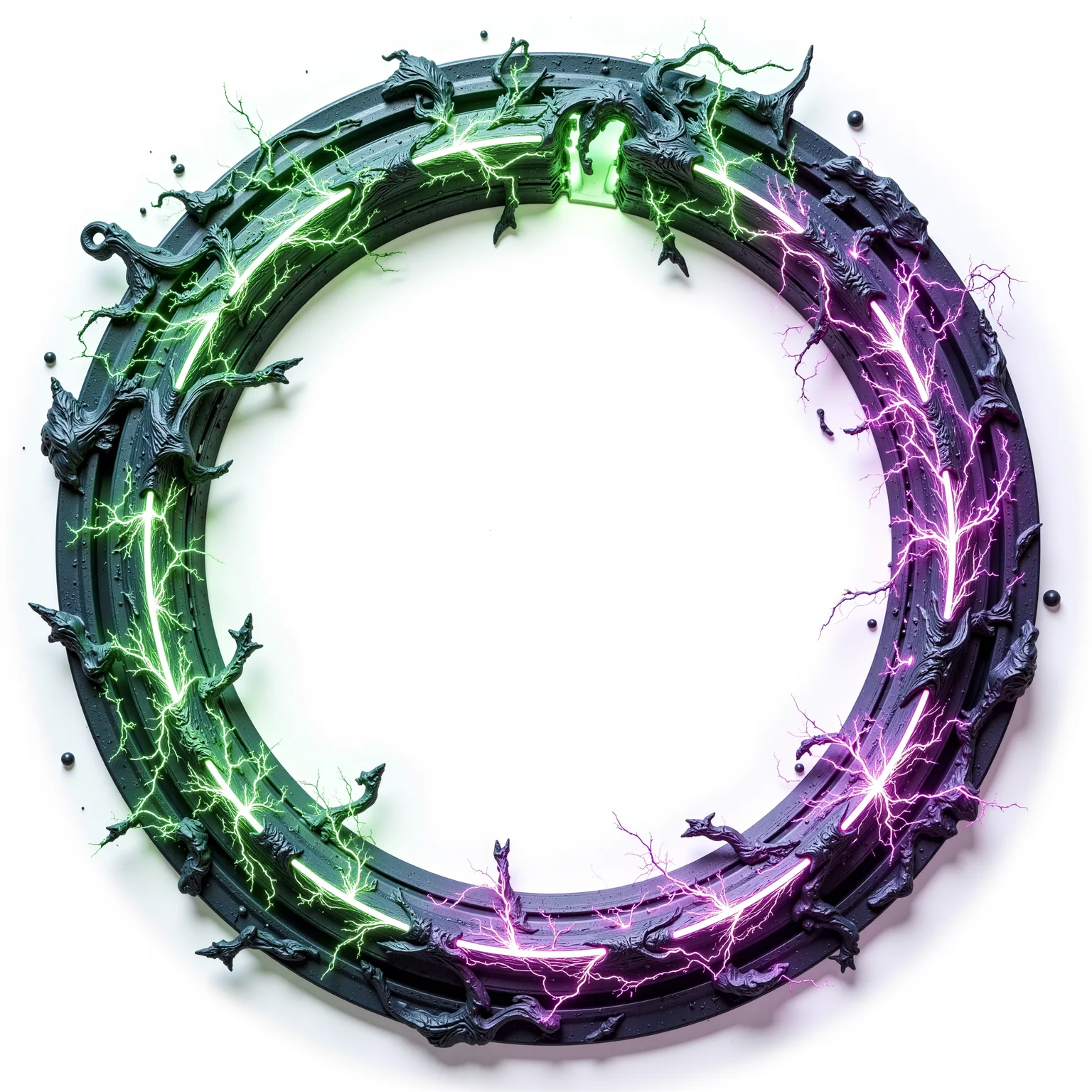 a high detailed circular token frame on a white background with an empty white centre. Design of: intricate green and purple plasma ring glowing vibrant colors, surrounded by magical sparks that shimmer and swirl, creating a mesmerizing display of light. The plasma ring features flowing lines of electric green and deep purple energy, pulsating with intensity, while the sparks dance around it, casting ethereal glow in all directions. The overall design has high detail, 3D-like depth, and a luminous glow emanating from the core, blending seamlessly with soft ambient lighting for an otherworldly, magical atmosphere.