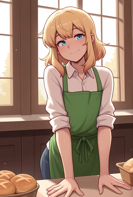 (masterpiece, best quality, very aesthetic, absurdres:1.2),  <lora:dross_style_illustrious_v1:1> drstyle, 1boy, otoko no ko, medium hair, blonde hair, sidelocks, blue eyes, bakery, green apron, white shirt, collared shirt, sleeves rolled up, smile, window, light particles, looking at viewer,