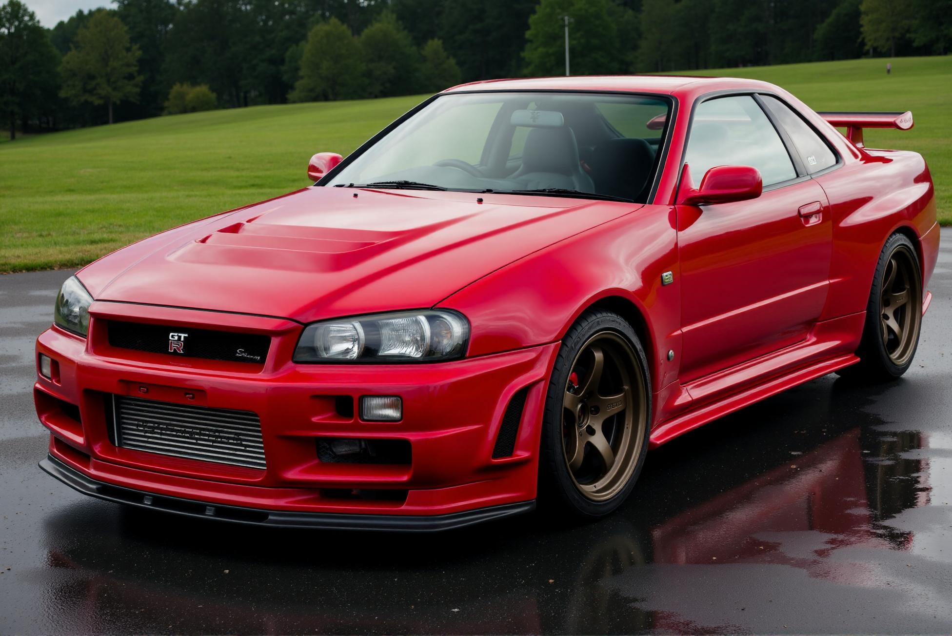 <lora:Nissan_Skyline_GT-R_R34:0.85> A red Nissan Skyline GT-R R34 from '90.
 (Extremely shiny and reflective high gloss finish with bright glints:1.2).
