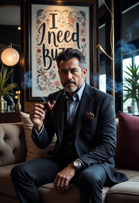 A horizontal composition capturing a man with a serious, introspective face sitting on a modern sofa in a hotel lobby, gazing directly into the camera as he smokes a pipe. Wisps of smoke drift lazily around him, adding to the contemplative mood. Behind him hangs a large poster displaying the text “I need_buzz” in elegant, bold calligraphy. The contrast between his solemn expression and the confident statement creates an intriguing narrative. Soft ambient lighting enhances the scene, highlighting the textures of the lobby and the man’s features. Keywords: man, serious face, hotel lobby, poster, “I need_buzz,” smoking pipe, camera gaze., “I need_buzz,” smoking pipe, camera gaze.s