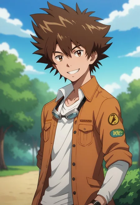 score_9, score_8_up, score_7_up, source_anime, highly detailed,
taitri, 1boy, male focus, brown hair, solo, brown eyes, watch, shirt, spiked hair, wristwatch, goggles around neck, short over long sleeves, jacket, orange jacket, shirt, white shirt, smile, looking at viewer,
outdoor, sky, tree