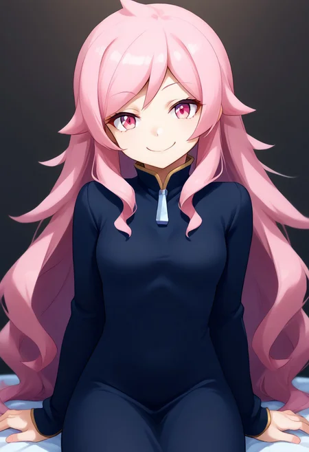 1girl, solo, Akiho_Rindou, pink hair, long hair, pink eyes, black dress, dress, long dress, long sleeves, juliet sleeves, long messy hair, @ @, front view, looking at viewer, head tilt, cheesy smile,, highly detailed, freebos_smoothiestyle,
absurdres, high quality, score_7_and_up