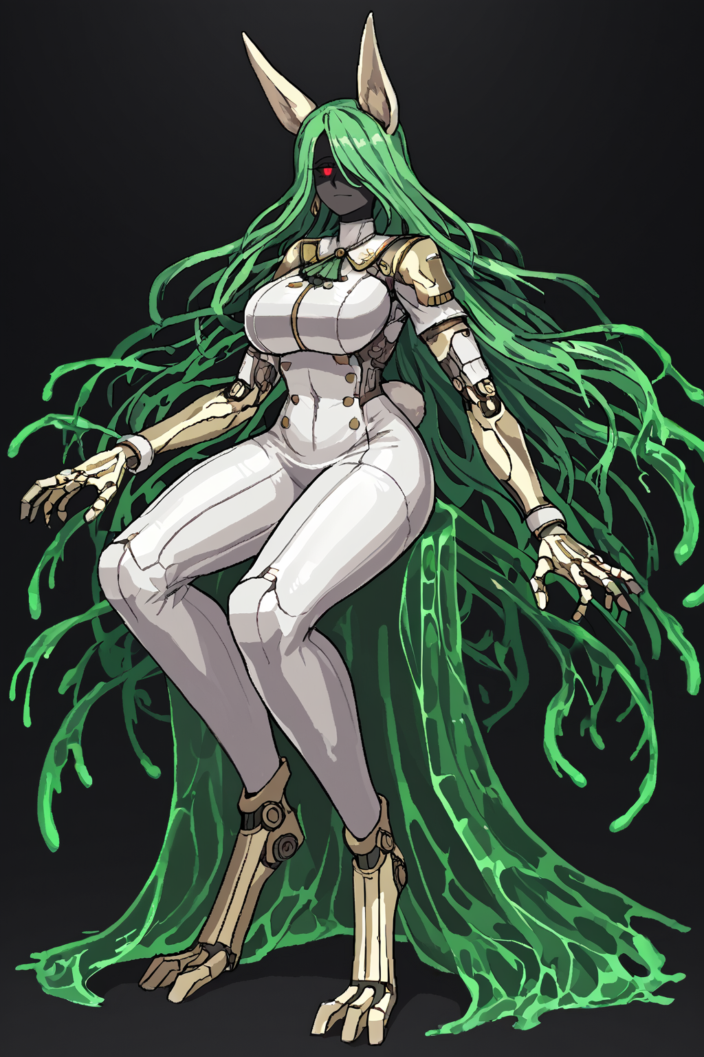 score_9, score_8_up, score_7_up, score_6_up, score_5_up, score_4_up, BREAK, source_anime, solo, 1girl, rating_safe, ((mature female)), ((long green flowing hair)), mechanical parts, ((plastic, polymer, metal body)), (big mechanical rabbit ears), mature female, (bunny ears), (animal ears), subdermal port, ((milf, mature female, big breasts)), hexagon lines in skin, naval uniform overcoat, naval uniform, white military uniform, dress_uniform, ribbons, ((red eyes)), bunny tail, rabbit tail, aiguillette, ((green hair)), ascot, ((Shallow Depth of Field shot, Sitting with hands clasping the knee )), pilot suit, shoulder cutout, bunny rabbit Tail, ((hair over one eye, )), digitigrade, clawed feet, minimal clothes, ((metal skin, shiny skin, vampire aesthetic, digital eyes, filled eyes, monochromatic eyes, glowing eyes, colored sclera, red sclera, mechanical eyes, partially shaded face, slit pupils, angular, minimal face, minimalism, narrow eyes, large eyes)), (anubis \(mythology\), anubis \(mythology\), ), <lora:Pony_DetailV2.0:1.5>, <lora:age_slider_v4:4>, ((dark, shaded, black background, horror, GREEN HAIR,)) <lora:ECHANIS:0.7>,  <lora:Valmardraws:1> by valmardraws, pixel art,  <lora:slime sex_pony_V1.0:1> slime sex, slime