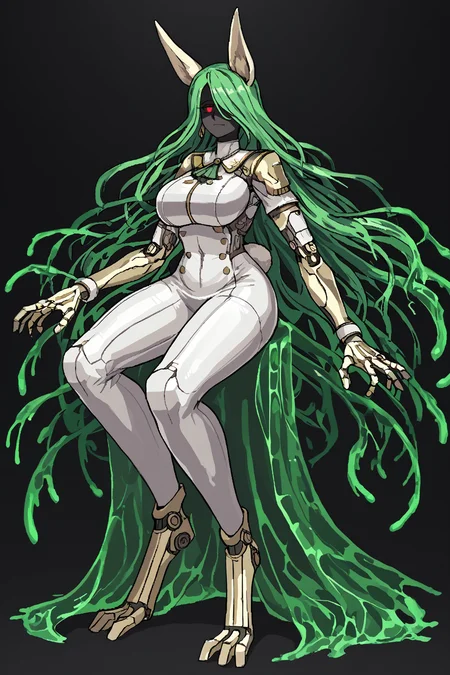 score_9, score_8_up, score_7_up, score_6_up, score_5_up, score_4_up, BREAK, source_anime, solo, 1girl, rating_safe, ((mature female)), ((long green flowing hair)), mechanical parts, ((plastic, polymer, metal body)), (big mechanical rabbit ears), mature female, (bunny ears), (animal ears), subdermal port, ((milf, mature female, big breasts)), hexagon lines in skin, naval uniform overcoat, naval uniform, white military uniform, dress_uniform, ribbons, ((red eyes)), bunny tail, rabbit tail, aiguillette, ((green hair)), ascot, ((Shallow Depth of Field shot, Sitting with hands clasping the knee )), pilot suit, shoulder cutout, bunny rabbit Tail, ((hair over one eye, )), digitigrade, clawed feet, minimal clothes, ((metal skin, shiny skin, vampire aesthetic, digital eyes, filled eyes, monochromatic eyes, glowing eyes, colored sclera, red sclera, mechanical eyes, partially shaded face, slit pupils, angular, minimal face, minimalism, narrow eyes, large eyes)), (anubis \(mythology\), anubis \(mythology\), ), <lora:Pony_DetailV2.0:1.5>, <lora:age_slider_v4:4>, ((dark, shaded, black background, horror, GREEN HAIR,)) <lora:ECHANIS:0.7>,  <lora:Valmardraws:1> by valmardraws, pixel art,  <lora:slime sex_pony_V1.0:1> slime sex, slime