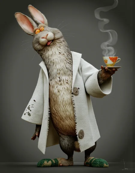 Art by Jean-Baptiste Vendamme. A 3d rendering shoot from a frontal camera angle about a cartoon rabbit character wearing a robe and holding a steaming cup, with a playful expression. the image also shows a stylized, anthropomorphic rabbit character standing in the middle of the image. the rabbit character, who appears to be in his mid-twenties, has a long, fluffy grey fur, large, expressive orange eyes, and a mischievous expression with its tongue sticking out. it is wearing a white robe that is torn and frayed at the edges, and green knitted slippers on its feet. the character is standing with one foot in front of the viewer and the other foot behind it, giving a playful pose. the background is a plain, dark grey, which complements the cartoonish character's furry appearance and the steam rising from the cup, adding to the whimsical atmosphere of the scene.