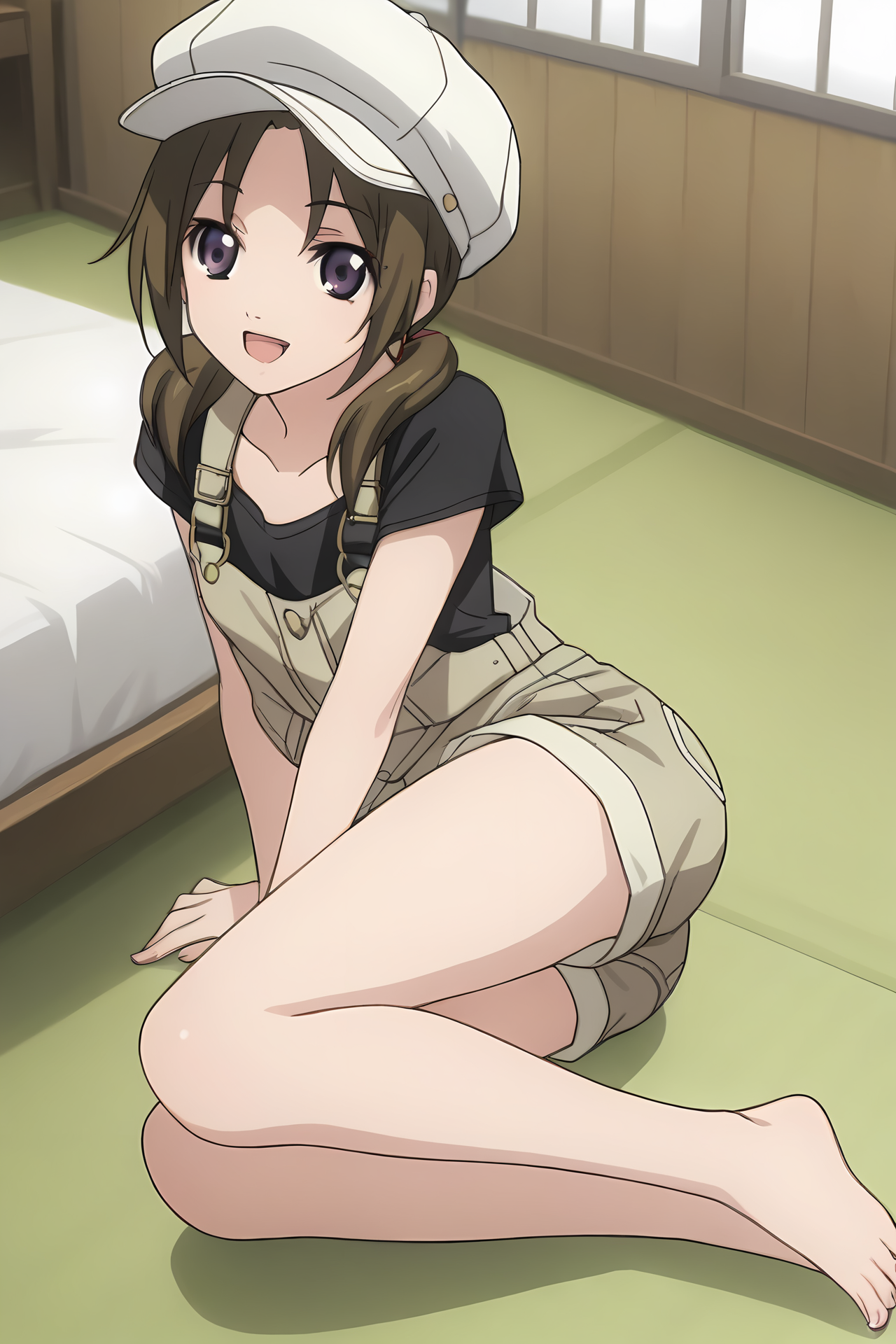 (short overalls black shirt:1.50), cpc-ichika, brown hair, short hair, low twintails, parted bangs, purple eyes,
1girl, solo, skinny, (source_anime, score_9, score_8_up, score_8, score_7_up), score_7, score_6_up, score_6, score_5_up, score_5, 
(happy:1.40),
(bedroom:1.10),
(:1.60), (feet:1.20),
cabbie hat, 
medium breasts
<lora:cpc-ichika-V02:0.80>