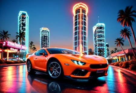 ((ClassicSportsCar )), 80´s sport car, gleaming orange Ford GT 40, palm trees, seaside, cityscape, at dawn, neon lights, 4K, highly detailed, (((stylish grainy analog 35mm film photo))), ClassicSportsCar, mad-vprwv