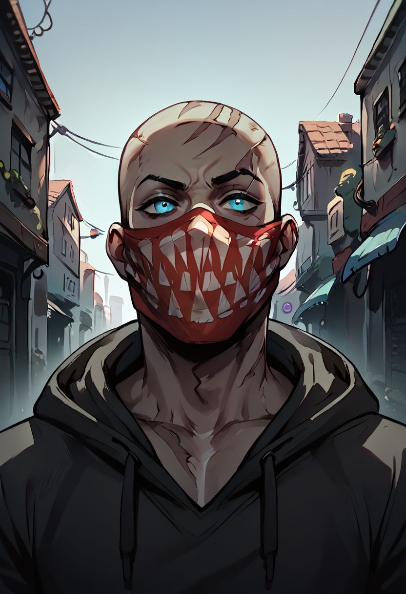 (((beautiful, hyper realistic, high quality))), score_9, score_8_up, score_7_up, solo, ((upper body)),
1boy, Pyke, dark skin, tatto, blue eyes, bald, scars, red mask with printed teeth, Black hoodie, rolled up sleeves, dark alley,
Dark background, blurred background,