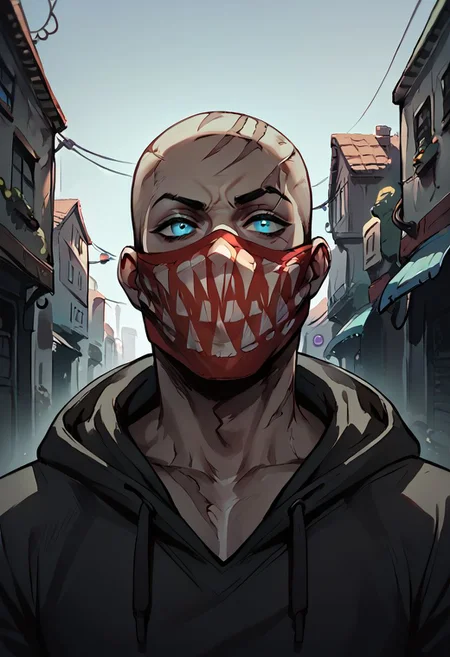 (((beautiful, hyper realistic, high quality))), score_9, score_8_up, score_7_up, solo, ((upper body)),
1boy, Pyke, dark skin, tatto, blue eyes, bald, scars, red mask with printed teeth, Black hoodie, rolled up sleeves, dark alley,
Dark background, blurred background,