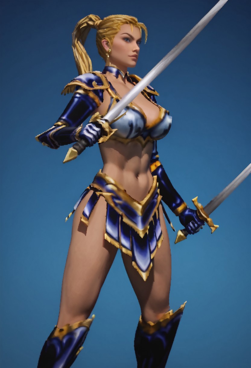 (score_9_up, score_8_up, score_7_up, score_6_up),, (high quality), (high resolution),  ultra-detailed, ultra-highres3D render , beautiful eyes, perfect lips, Taria_Mace, blonde hair, ponytail, blue eyes, bikini armor, dark-blue armor, thighhigh boots, greaves, shoulder armor, pauldron,  long sleeves armor, gauntlets, gold trim, weapon, two swords, standing, portrait, upper body, looking at view,  LARGE BREASTS, wide hips, slim waist, sexy BREAK, colorful background, BREAK score_9, score_8, score_7