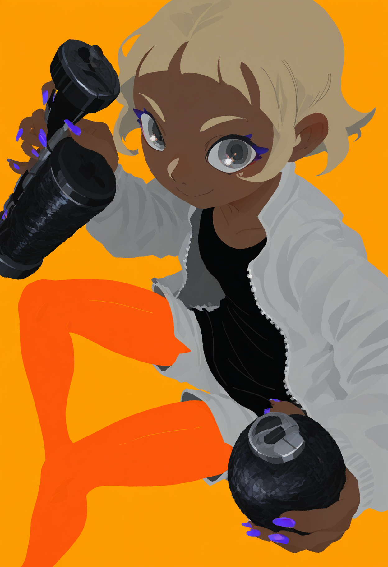 masterpiece,best quality,highres, no lineart, 1girl, solo, dark skin, shirt, smile, black shirt, jacket, holding, looking at viewer, open clothes, dark-skinned female, short hair, closed mouth, nail polish, shorts, simple background, fingernails, long sleeves, purple nails, blonde hair, open jacket, from above, pantyhose, grey eyes, sitting
<lora:torikun_noobai:1>
