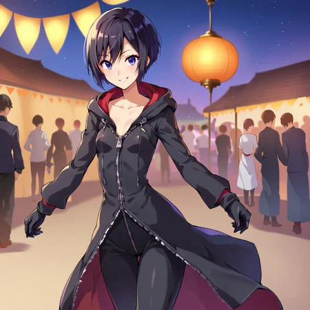 score_9, score_8_up, 1girl, xion, solo, flat chest, small breasts, , xion having fun at a festival, night, short hair, black hair, black coat, wide hips, narrow waist, closed coat, zipper, black pants, black gloves <lora:XionSDXL:1> <lora:BlushySDXL:1>, takeda hiromitsu style, smiling, village, festival