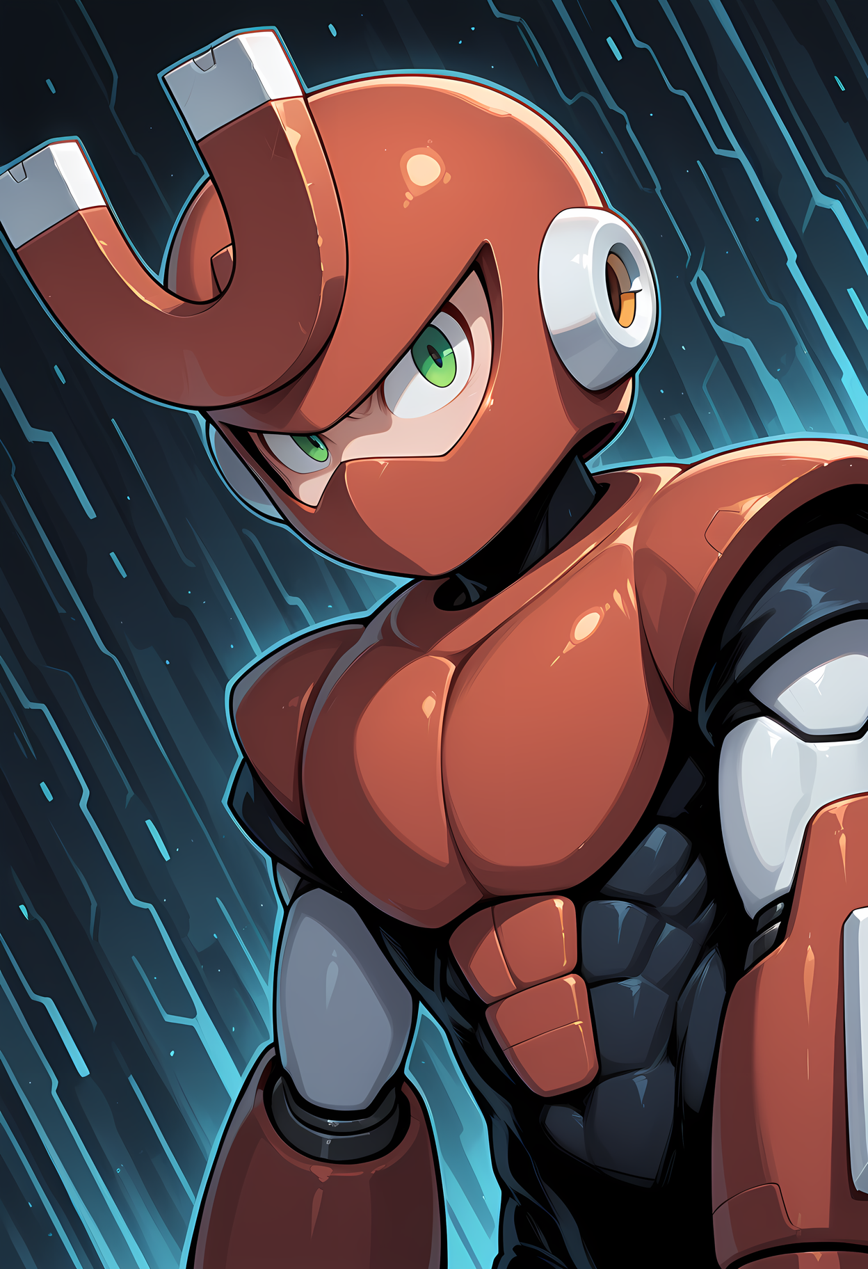 masterpiece, best quality, amazing quality, dutch angle, abstract background, BREAK
1boy, solo, male focus, mm3_magnet, helmet, green eyes, android, armor, BREAK
<lora:cfg_scale_boost:.6>  <lora:Magnet_Man_-_Mega_Man_3_-_ILXL:1>