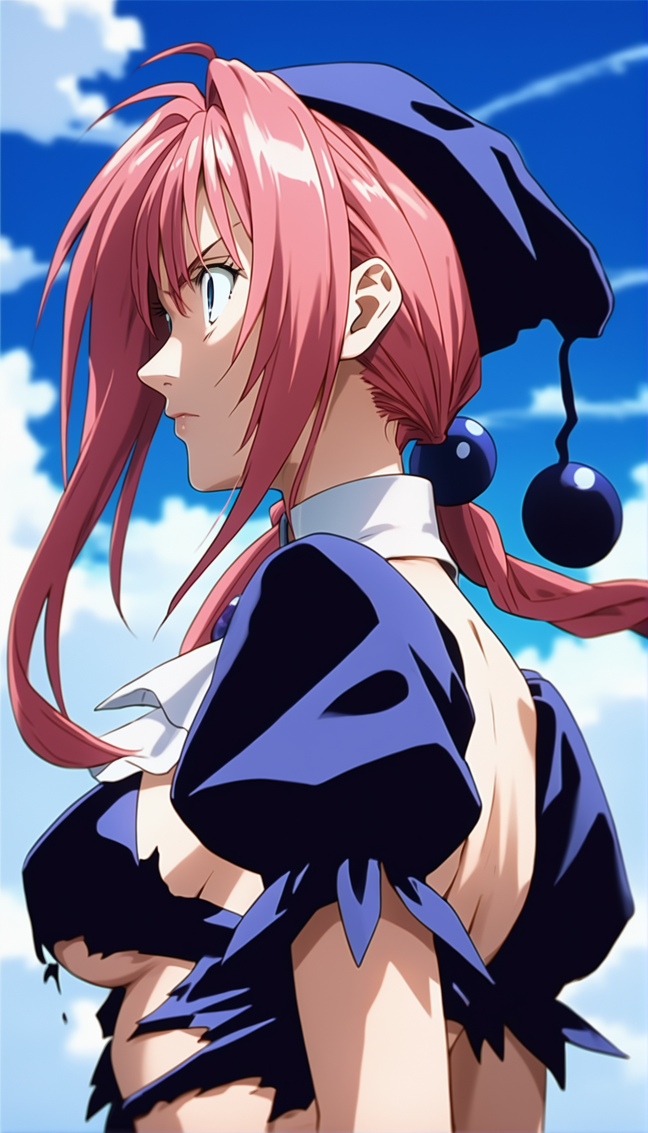 score_9,score_8_up,score_7_up,
<lora:dorothy>,doroshii,1girl,solo,
long pink hair,bangs,two braided pigtails,black scrunchie,black cap with ball on end,
purple bikini top,purple bikini bottom,
black dress,torn clothes,short puffed sleeves,tight around torso,shows breast shape,white collar,mail coach tie,dark purple jewel on tie,
sideboob,
looking ahead,furrowed brow,serious expression,lips,closed mouth,
outdoors,blue sky, soft clouds drifting,summer,
vignetting,blurry background,
facing viewer,upper body,