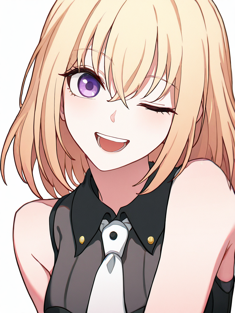 1girl, character: misumi_uika, solo, white_background, simple_background, upper_body, looking_at_viewer, open_mouth, one_eye_closed, sleeveless_shirt, collared_shirt, black_shirt, white_necktie, cropped_torso, microphone,white background,
masterpiece,best quality,amazing quality,very aesthetic,absurdres,<lora:misumi_uika_ill_sdxl:1>,