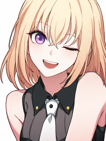 1girl, character: misumi_uika, solo, white_background, simple_background, upper_body, looking_at_viewer, open_mouth, one_eye_closed, sleeveless_shirt, collared_shirt, black_shirt, white_necktie, cropped_torso, microphone,white background,
masterpiece,best quality,amazing quality,very aesthetic,absurdres,<lora:misumi_uika_ill_sdxl:1>,