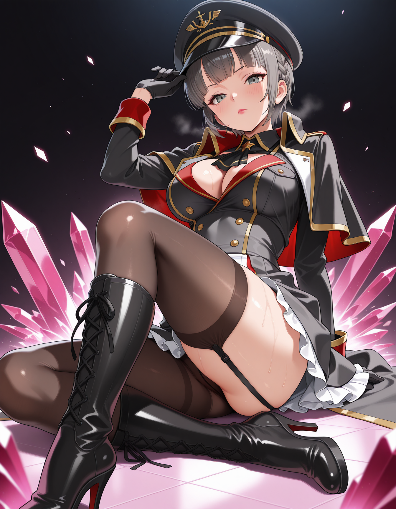 masterpiece,best quality,amazing quality,very aesthetic,high resolution,ultra detailed,perfect details,
1girl,<lora:mai_sophia_tp:1>,mai_sophia_tp,1girl,solo,short_hair,simple_background,large_breasts,long_sleeves,full_body,grey_hair,braid,frills,black_gloves,black_footwear,black_dress,black_headwear,black_background,knee_boots,high_heel_boots,crystal,military_hat,black_capelet,black pantyhose,mai_sophia_tp,shirt,closed_mouth,jacket,collared_shirt,black_jacket,black_shirt,grey_eyes,peaked_cap,military_hat,breast_pocket,military_jacket,black_ascot,lipstick,mature female,black thighhighs,black garter belt,looking at viewer,<lora:my-lora:1>,mai_style,